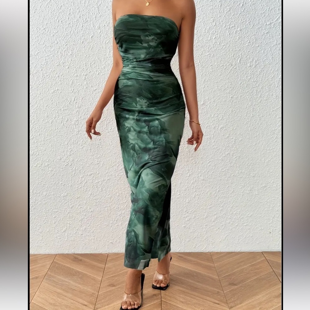 Strapless mesh bodycon maxi dress fully lined side slit ruching green size XL